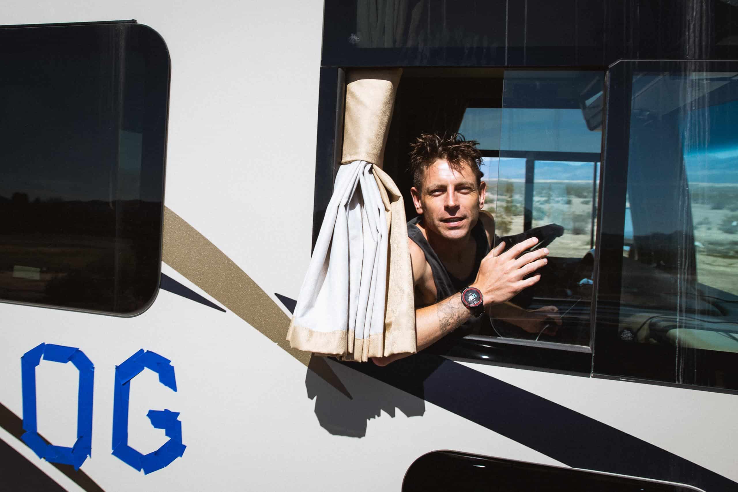 Nils Arend in an RV running the Speed Project.